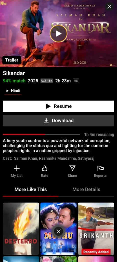 Screenshot of NetMirror APK streaming interface showing Netflix content